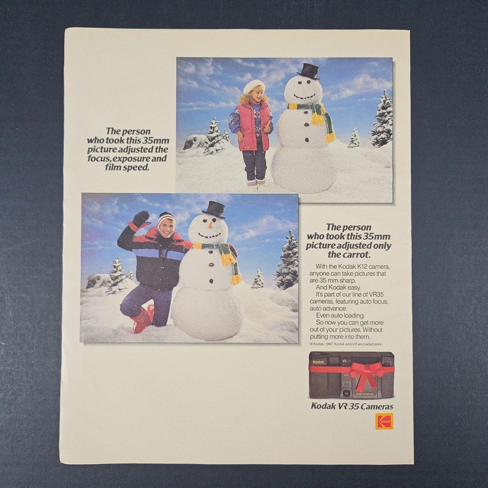 1987 Kodak K12 VR35 35mm Cameras Vintage Print Ad Winter Snowman Shop Photograph